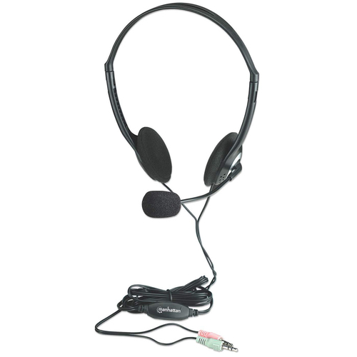 Manhattan Stereo On-Ear Headset (3.5mm), Microphone Boom, In-Line Volume Control, Foam Earpads, Standard 2x 3.5mm stereo jack/plug for audio/mic use, cable 2m, Black, Three Year Warranty