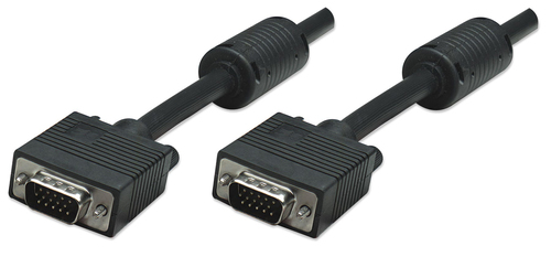 Manhattan VGA Monitor Cable with Ferrite Cores, 1.8m, HD15 Male to Male, Higher SVGA Specification, Fully Compatible with VGA, Ferrite Cores Help Reduce EMI Interference, Fully Shielded, Black, Lifetime Warranty, Comparable to MXT101MMHQ