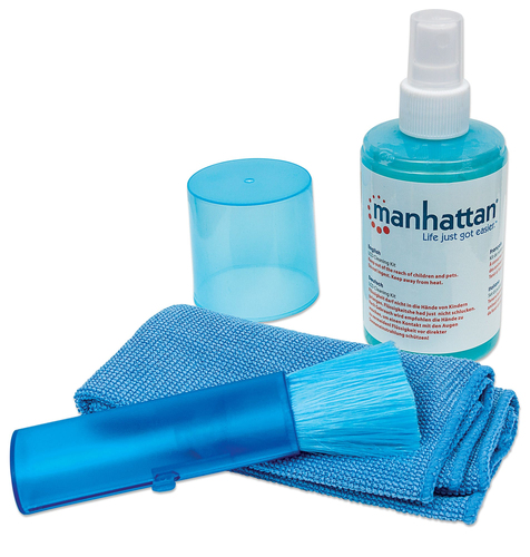 Manhattan LCD Cleaning Kit, Alcohol-free, Includes Cleaning Solution (200ml), Brush and Microfibre Cloth, Ideal for use on monitors/laptops/keyboards/etc, Three Year Warranty