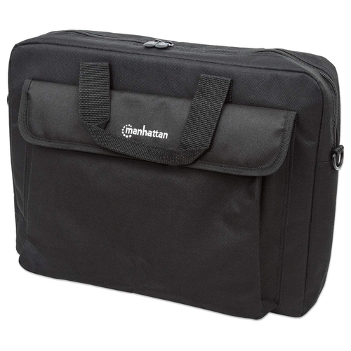 Manhattan London Laptop Bag 15.6", Top Loader, Black, LOW COST, Accessories Pocket, Shoulder Strap (removable), Notebook Case, Three Year Warranty