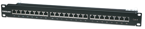 Intellinet Patch Panel, Cat6, FTP, 24-Port, 1U, Shielded, 90° Top-Entry Punch-Down Blocks, Black
