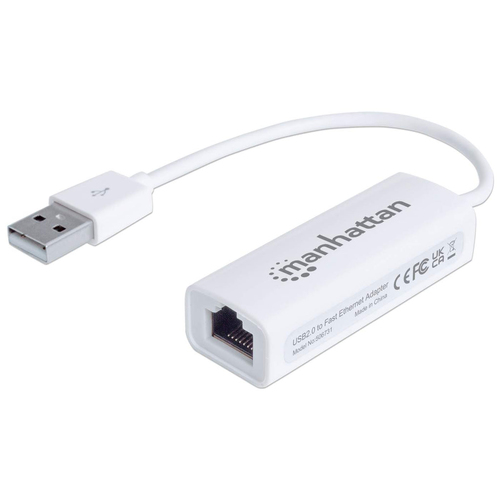 Manhattan USB-A Fast Ethernet Adapter, 10/100 Mbps Network, USB 2.0, 480 Mbps, Hi-Speed USB, RJ45, White, Three Year Warranty, Comparable Function to USB2100 except colour