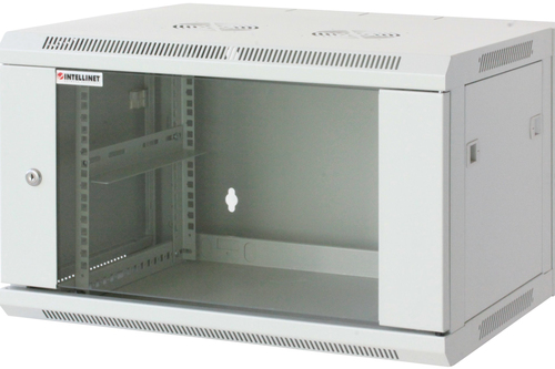 Intellinet 19" Network Cabinet - Wall Mount (Standard), 6U, 450mm Deep, Grey, Assembled, Max 60kg, Suitable also for use on desk or floor, Usable Depth 350mm, Metal & Glass Door, Back Panel, Removeable Sides, Parts for wall install (eg screws/rawl plugs) not incl