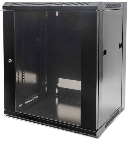 Intellinet 19" Network Cabinet - Wall Mount (Standard), 6U, 450mm Deep, Black, Flatpack, Max 60kg, Suitable also for use on desk or floor, Usable Depth 270mm to 350mm, Metal & Glass Door, Back Panel, Removeable Sides,Parts for wall installation not included