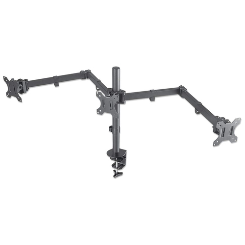 Manhattan Triple Desk Mount for TV & Monitors, For screens: 10" to 27", Clamp Assembly, VESA compatibility: 75x75 and 100x100mm - check the dimensions of the four mounting holes on back of screen to ensure it fits, Max 7kg (each), Black, Bracket, Lifetime Warranty