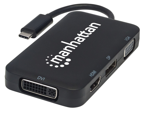 Manhattan USB-C Dock/Hub, Ports (x4): DisplayPort, DVI-I, HDMI or VGA, Note: Only One Port can be used at a time, External Power Supply Not Needed, Universal for all devices, Cable 8cm, Black, Three Year Warranty