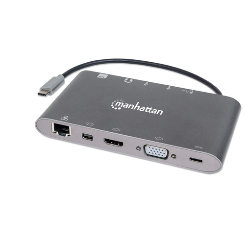 Manhattan USB-C Dock/Hub with Card Reader, Ports (x8): HDMI, Audio 3.5mm, Ethernet, Mini DisplayPort, USB-A (x3) and USB-C, With Power Delivery (60W) to USB-C Port (Note add USB-C wall charger and USB-C cable needed), All Ports can be used at the same time