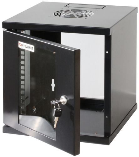 Intellinet 10" Network Cabinet - Wall Mount (Standard), 6U, 300mm Deep, Black, Assembled, Max 60kg, Suitable also for use on desk or floor, Usable Depth 265mm, Metal & Glass Door, Back Panel,Removeable Sides,Parts for wall install (eg screws/rawl plugs) not included