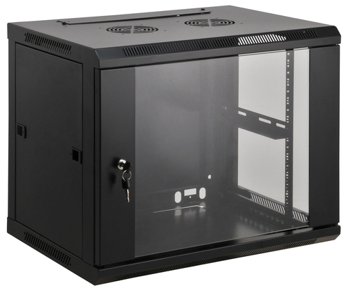Intellinet 19" Network Cabinet - Wall Mount (Standard), 12U, 600mm Deep, Black, Assembled, Max 60kg, Suitable also for use on desk or floor,Usable Depth 500mm, Metal & Glass Door, Back Panel, Removeable Sides, Parts for wall install (eg screws/rawl plugs) not incl