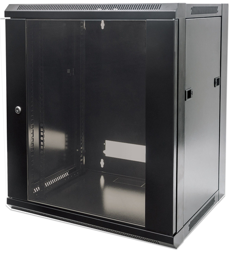 Intellinet 19" Network Cabinet - Wall Mount (Standard), 9U, 600mm Deep, Black, Flatpack, Max 60kg, Suitable also for use on desk or floor, Usable Depth 410mm, Metal & Glass Door, Back Panel, Removeable Sides, Parts for wall install (eg screws/rawl plugs) not incl