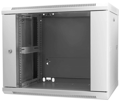 Intellinet 19" Network Cabinet - Wall Mount (Standard), 9U, 450mm Deep, Grey, Assembled, Max 60kg, Suitable also for use on desk or floor, Usable Depth 350mm, Metal & Glass Door, Back Panel, Removeable Sides, Parts for wall install (eg screws/rawl plugs) not incl