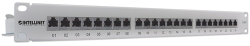 Intellinet Patch Panel, Cat6, FTP, 24-Port, 1U, Shielded, 90° Top-Entry Punch-Down Blocks, Grey