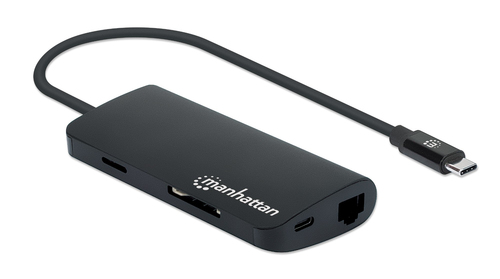 Manhattan USB-C Dock/Hub with Card Reader, Ports (x5): Ethernet, USB-A (3) and USB-C, 5 Gbps (USB 3.2 Gen1 aka USB 3.0), With Power Delivery (100W) to USB-C Port (Note additional USB-C wall charger and USB-C cable needed), Universal for all devices, Aluminium