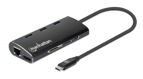 Manhattan USB-C Dock/Hub with Card Reader, Ports (x6): Ethernet, HDMI, USB-A (x3) and USB-C, With Power Delivery (100W) to USB-C Port (Note additional USB-C wall charger and USB-C cable needed), Universal for all devices, Aluminium, Equivalent to DKT30CSDHPD3