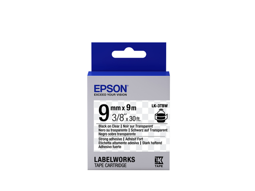 Epson Label Cartridge Strong Adhesive LK-3TBW Black/Clear 9mm (9m) Black, Transparent