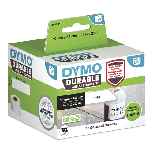 DYMO LabelWriter Durable Industrial Labels | 19mm x 64mm | White Poly | 2 Rolls of 450 (900 Self-Adhesive Labels) | Authentic | For LabelWriter Label Makers