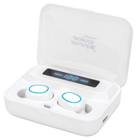 Manhattan Bluetooth Earphones, White, Microphone, Integrated Controls, Sweatproof, Noise Isolating, 5 hour usage time, Max Range 10m, Charging Case with Powerbank (1200mAh), Bluetooth v5.0, USB-A charging cable included, 3 Year Warranty