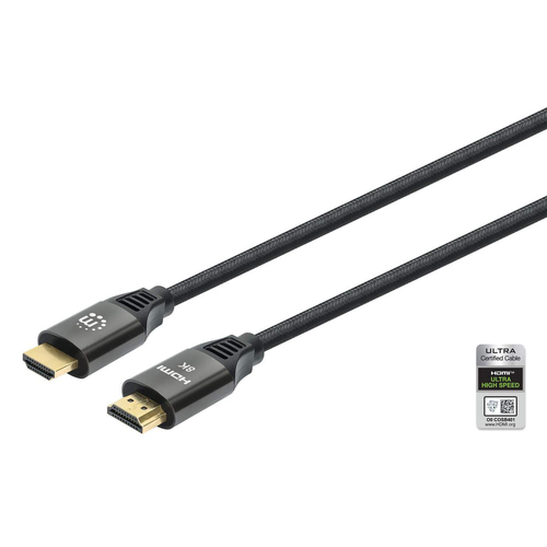 Manhattan Certified HDMI 8K@60Hz Cable with Ethernet, 2m, Suitable for ALL 8K, 4K & 1080p/HD Uses, 4K@120Hz, Black, Ultra High Speed, Lifetime Warranty, Equivalent to HDMI21-CBL-8K60-2M / HDMM21V2M