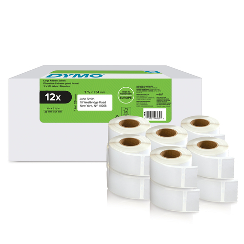 DYMO Authentic LabelWriter Return Address Labels | 25 mm x 54 mm | Self-Adhesive | 12 Rolls of 500 Easy-Peel Labels (6,000 Count) | for LabelWriter Label Makers | Made in Europe
