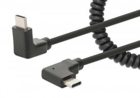 Manhattan USB-C to USB-C Charging Cable, 1m, Coiled Tangle-Resistant Design, Angled Connectors, Up to 60W Power Delivery, Ideal for Charging Cabinets/Carts, Charge Only - No Data Sync, Black, Lifetime Warranty