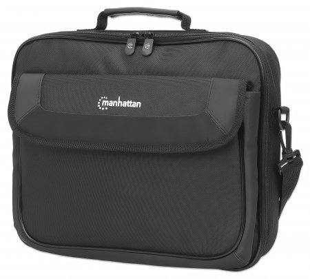 Manhattan Cambridge Laptop Bag 14.1", Clamshell Design, Black, LOW COST, Accessories Pocket, Document Compartment on Back, Shoulder Strap (removable), Notebook Case, Three Year Warranty