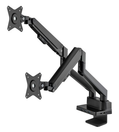 Manhattan Dual Desk Mount for TV & Monitors (Full Motion Gas Spring) with built-in Dock, For screens to 27", Ports (x7): Ethernet,HDMI (x2),USB-A (x3) and USB-C,Power Delivery (100W) to USB-C Port (Separate USB-C wall charger/cable needed),VESA: 75x75 and 100x100mm