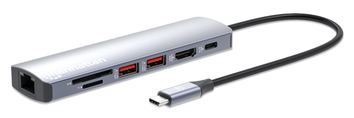 Manhattan USB-C Dock/Hub with Card Reader, Ports (x5): Ethernet, HDMI, USB-A (x2) and USB-C, with Power Delivery (PD) 100W- requires external USB-C charger (not included). USB powered (no external power supply required) when PD is not in use