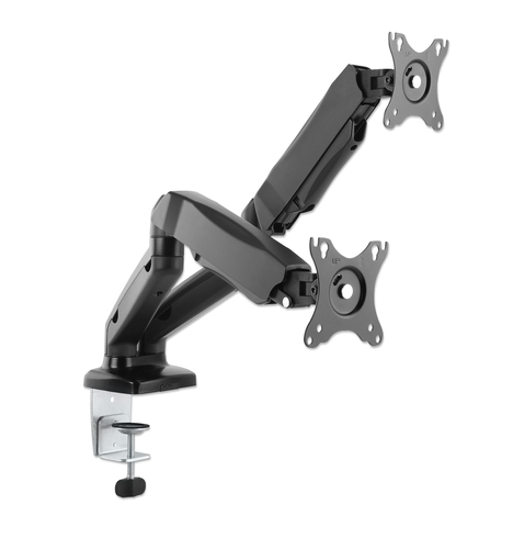 Manhattan Dual Desk Mount for TV & Monitors (Full Motion Spring), For screens 10" to 27", C-Clamp or Grommet Assembly,VESA compatibility: 75x75 and 100x100mm -check the dimensions of the four mounting holes on back of screen to ensure it fits,Max 9kg (each),Bracket