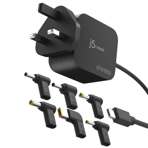 j5create JUP1565DC 67W GaN PD USB-C® Mini Charger with 6 Types of DC Connector-UK, Black