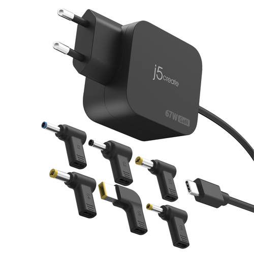 j5create JUP1565DC 67W GaN PD USB-C® Mini Charger with 6 Types of DC Connector-EU, Black