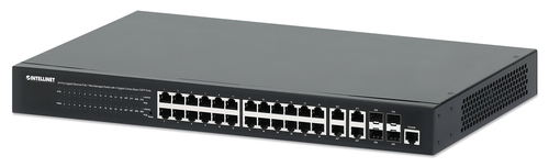 Intellinet 24-Port Gigabit Ethernet PoE+ Web-Managed Switch with 4 Gigabit Combo Base-T/SFP Ports, IEEE 802.3at/af Power over Ethernet (PoE+/PoE) Compliant, 370 W, Endspan, 19" Rackmount (with UK power cord)