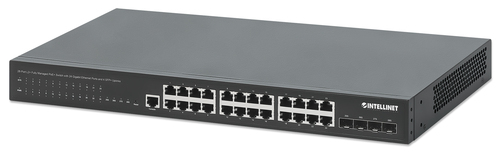 Intellinet 28-Port L2+ Fully Managed PoE+ Switch with 24 Gigabit Ethernet Ports and 4 SFP+ Uplinks IEEE 802.3at/af (PoE+/PoE) Compliant, 370 W PoE Power Budget, Layer 2+/Layer 3 Lite, Four 10G SFP+ Open Slots, Self-Healing Network, 19" Rackmount (with UK power cord)