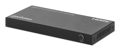 Manhattan HDMI Splitter with downscaling 4-Port , 4K@60Hz, Displays output from x1 HDMI source to x4 HD displays (same output to four displays), Downscale button to adjust a 4K input signal into 1080p, Micro-USB to USB-A power cable included (cable 0.8m), Black