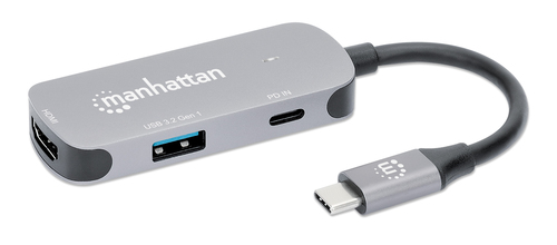 Manhattan USB-C Dock/Hub, Ports (x3): HDMI, USB-A and USB-C, With Power Delivery (100W) to USB-C Port (Note additional USB-C wall charger and USB-C cable needed), HDMI: 4k@60Hz, USB-A: 5 Gbps USB 3.2 Gen1 aka USB 3.0, Universal for all devices, Cable 11cm, Grey