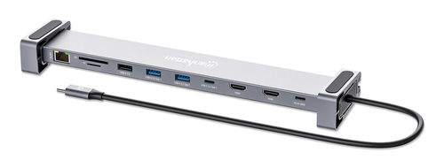 Manhattan USB-C Dock/Hub with Card Reader and MST, Ports (x7): Ethernet, HDMI (x2 4k@60Hz), USB-A (x3) and USB-C, with Power Delivery (PD) 100W- requires external USB-C charger (not included). USB powered (no external power supply required) when PD is not in use