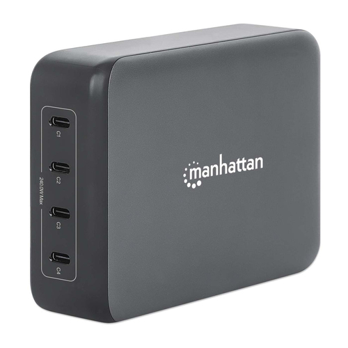 Manhattan Mains USB-C Laptop Charging Station 4-port, Universal charging for ALL laptops (incl power hungry gaming machines & equivalent) with ports to simultaneously charge phones/watches/earpods/etc, GaN, Each PD port up to 140W (Max 240W), UK Power cord, Charger