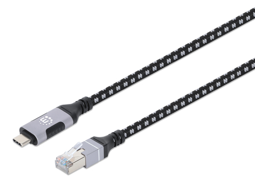 Manhattan USB-C to Gigabit Ethernet RJ45 Cable, 2m, 10/100/1000 Mbps Network, USB 3.0 Host Connection, Cat6 Braided Cable, Black/Silver, Three Year Warranty