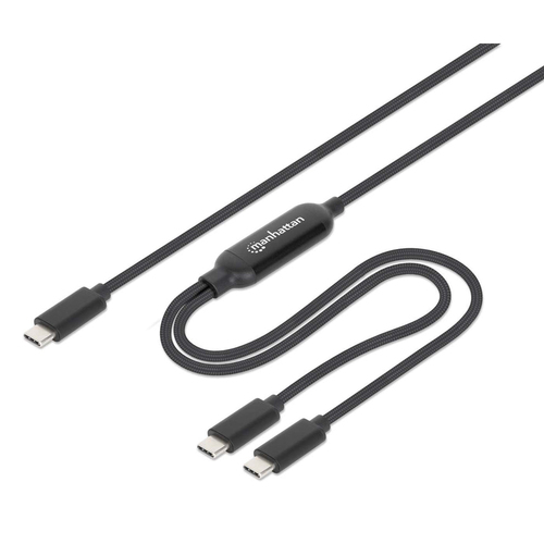 Manhattan Dual USB-C Charging Cable, 2m, One USB-C Input to Two USB-C Outputs, Up to 100W for One Device or 70W + 28W for Two Devices, Smart Power Splitter, Braided Jacket, Aluminium Connector Housings, Black