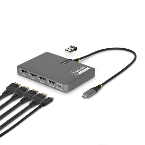 StarTech.com USB-C to Quad-Monitor Workstation Adapter, 4K 60Hz DisplayPort, 140W PD Passthrough for Laptop Charging, USB Port for Wireless Keyboard / Mouse, TAA