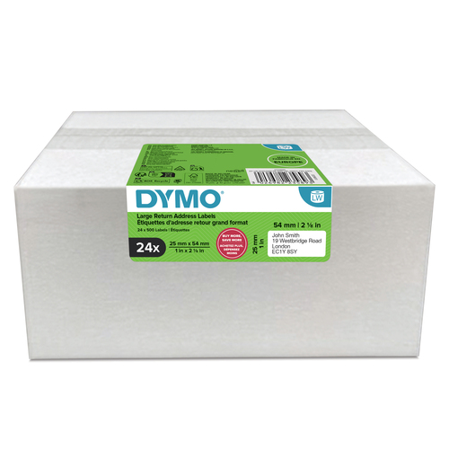 DYMO Authentic LabelWriter Return Address Labels | 25 mm x 54 mm | Self-Adhesive | 24 Rolls of 500 Easy-Peel Labels (12,000 Count) | for LabelWriter Label Makers | Made in Europe