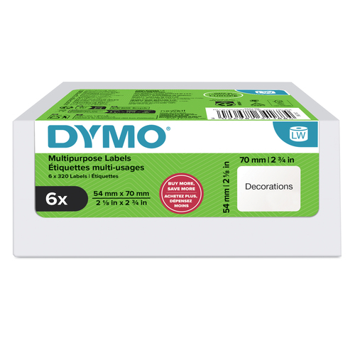 DYMO Authentic LabelWriter Multi-Purpose Labels | 54 mm x 70 mm | Self Adhesive | 6 Rolls of 320 Easy-Peel Labels (1,920 Count) | for LabelWriter Label Makers | Made in Europe