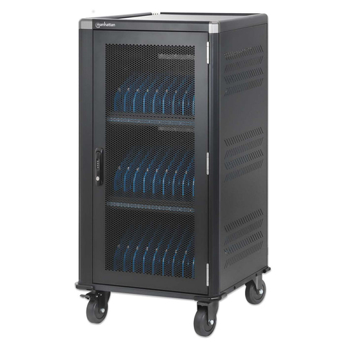 Manhattan Laptop Charging Cabinet Trolley/Cart via USB-C 65W 16" 30-bay, Suitable for USB-C laptops (to 16"), iPads, MacBooks, Chromebooks, other USB-C devices, Bays 395x32.5x290mm, USB-C charging cables included,Cabinet, UK & EU