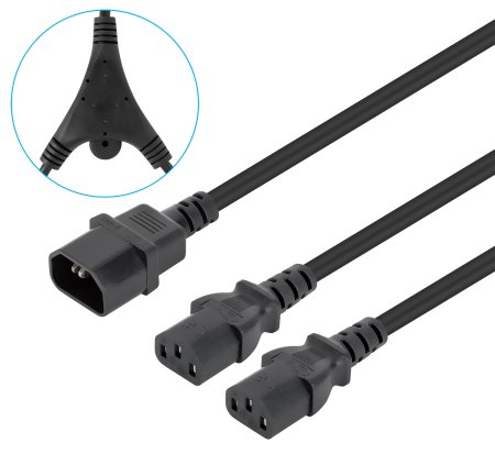 Manhattan Power Cord/Cable Y-Splitter, C14 Male to 2x C13 Female (kettle lead), Monitor to CPU, 1.8m, 10A, Black, Powers two devices from one PDU, Lead, Lifetime Warranty