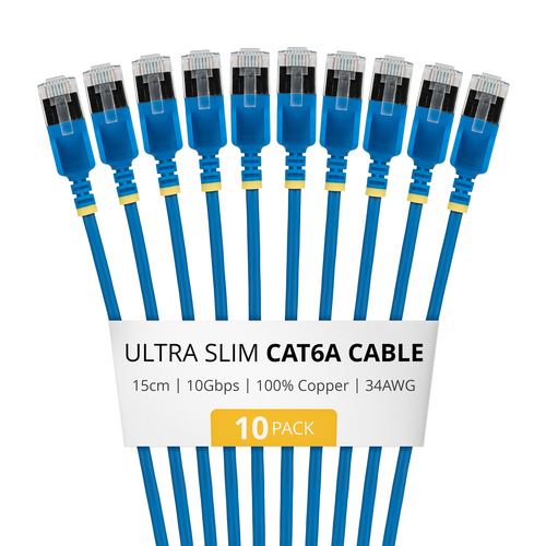 StarTech.com 15cm Blue Ultra Slim Cat6A Ethernet Cable, 10 pack, Snagless, FTP, Pure Bare Copper Wire, 34AWG Ultra Slim RJ45 Network Patch Cord, Individually Tested