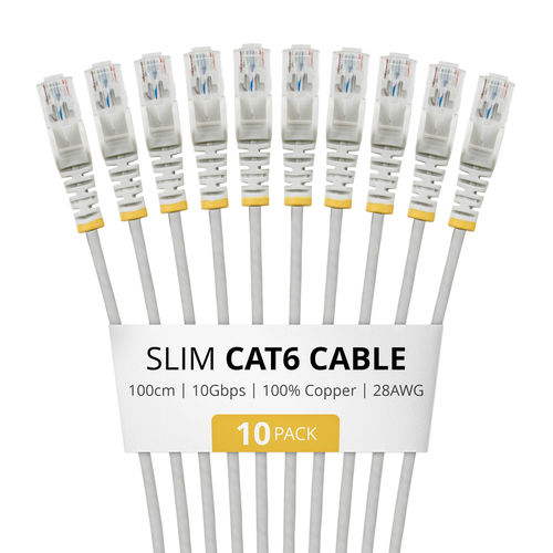 StarTech.com 1m Gray Slim CAT6 Cable, 10 Pack, Snagless, 100W PoE, UTP, LSZH, 28AWG Pure Bare Copper Wire, Slim RJ45 Network Patch Cord w/Strain Reliefs, Individually Tested