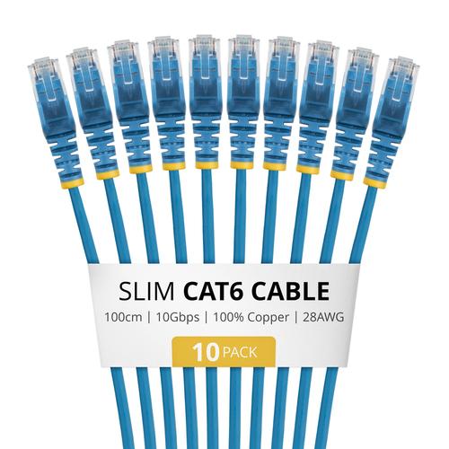 StarTech.com 1m Blue Slim CAT6 Cable, 10 Pack, Snagless, 100W PoE, UTP, LSZH, 28AWG Pure Bare Copper Wire, Slim RJ45 Network Patch Cord w/Strain Reliefs, Individually Tested