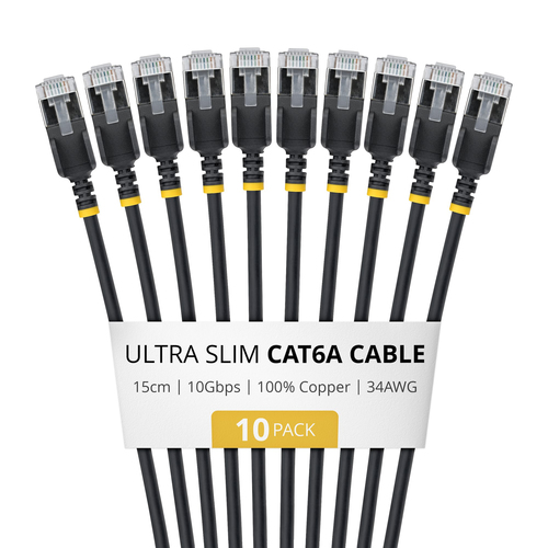 StarTech.com 15cm Black Ultra Slim Cat6A Ethernet Cable, 10 Pack, Snagless, FTP, Pure Bare Copper Wire, 34AWG Ultra Slim RJ45 Network Patch Cord, Individually Tested
