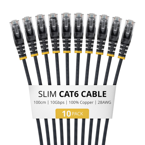 StarTech.com 1m Black Slim CAT6 Cable, 10 Pack, Snagless, 100W PoE, UTP, LSZH, 28AWG Pure Bare Copper Wire, Slim RJ45 Network Patch Cord w/Strain Reliefs, Individually Tested