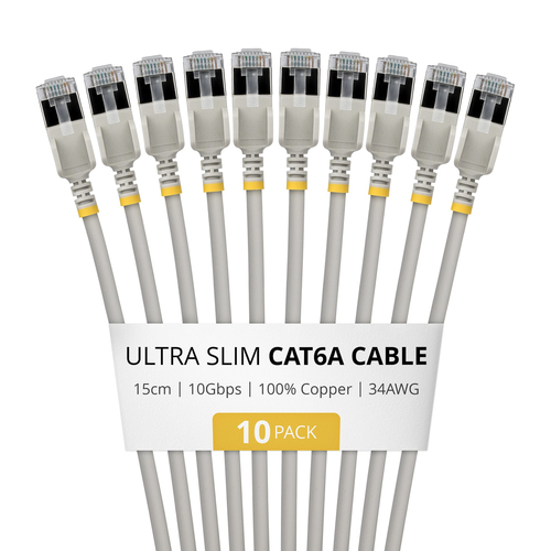 StarTech.com 15cm Gray Ultra Slim Cat6A Ethernet Cable, 10 Pack, Snagless, FTP, Pure Bare Copper Wire, 34AWG Ultra Slim RJ45 Network Patch Cord, Individually Tested