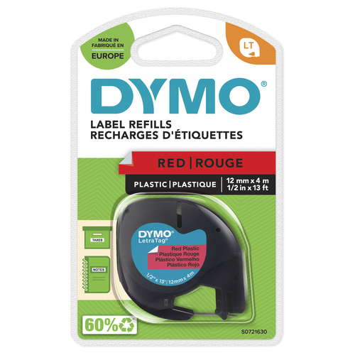 DYMO Branded LetraTag Plastic Labels | 12 mm x 4 m Roll | Black Print on Red Labels | MultipurposeSelf-Adhesive Labels for LetraTag Label Makers